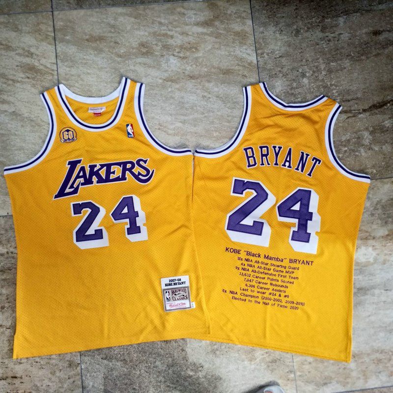 Men Los Angeles Lakers 24 Bryant Yellow Career honor English embroidered version NBA Jerseys